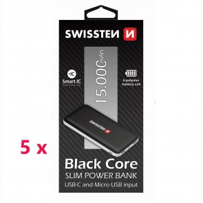 5 x SWISSTEN BLACK CORE SLIM POWER BANK 15.000 mAh USB-C INPUT